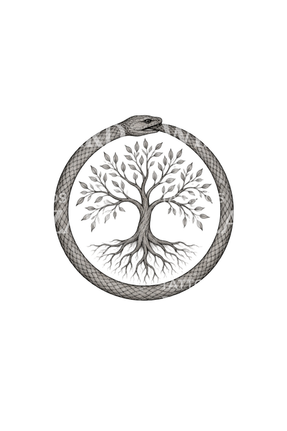 Tato tato garis halus ular ouroboros mengelilingi Pohon Kehidupan