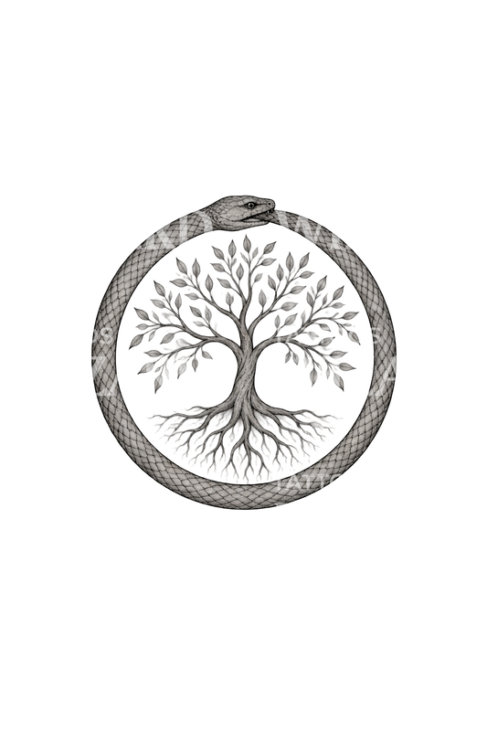Hayat Ağacını saran ouroboros yılanı ince çizgi dövmesi