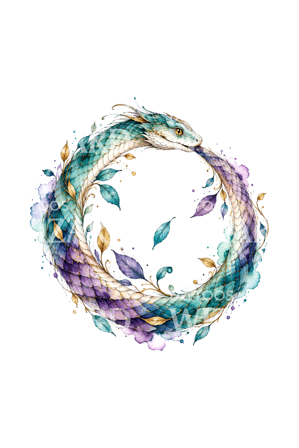 Idea de tatuaje de serpiente Ouroboros circular en acuarela