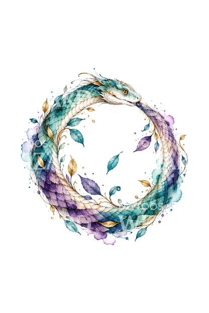 Idea de tatuaje de serpiente Ouroboros circular en acuarela