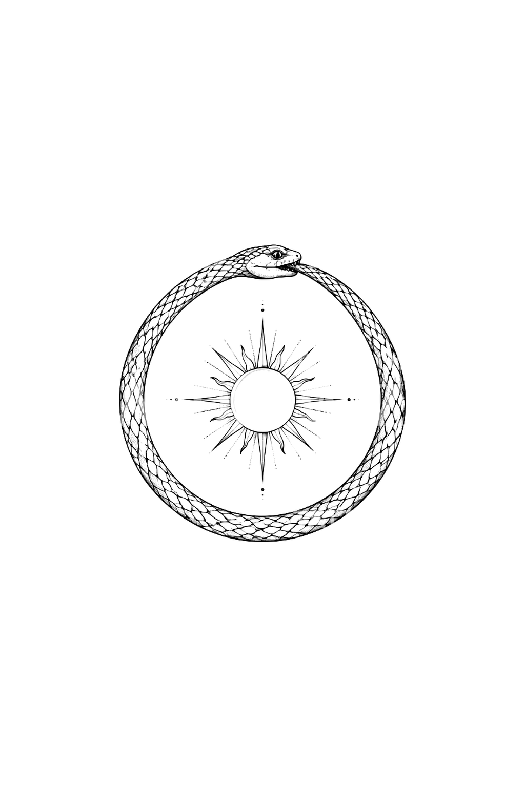 Tatuaggio fine line con serpente ouroboros attorno a un sole radioso