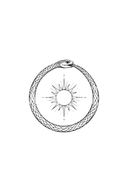 Tatuaggio fine line con serpente ouroboros attorno a un sole radioso