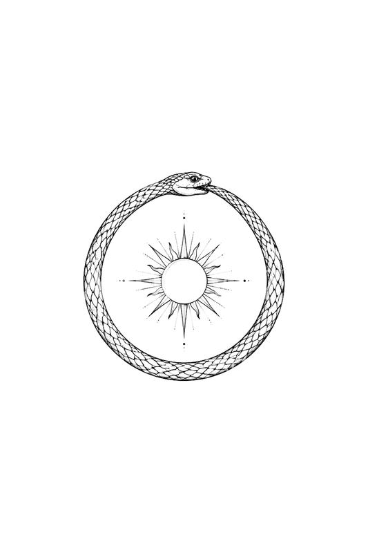 Tato tato garis halus ular ouroboros mengelilingi matahari bercahaya