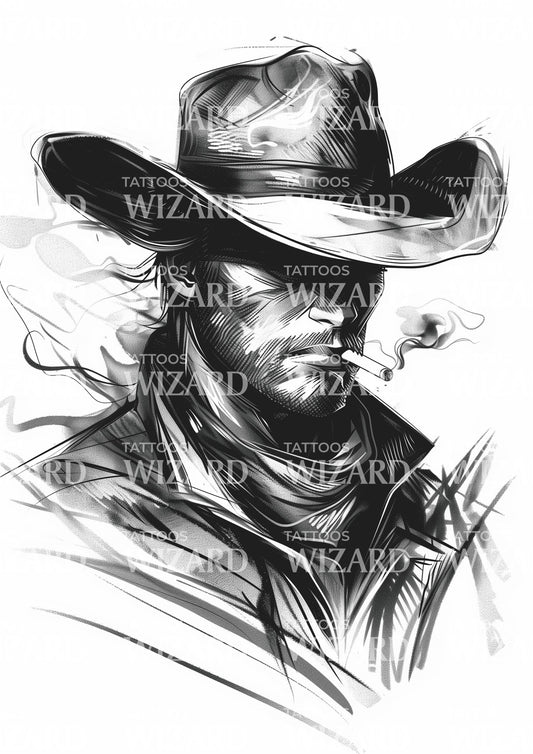 Outlaw Cowboy with Cigarette Tattoo Design