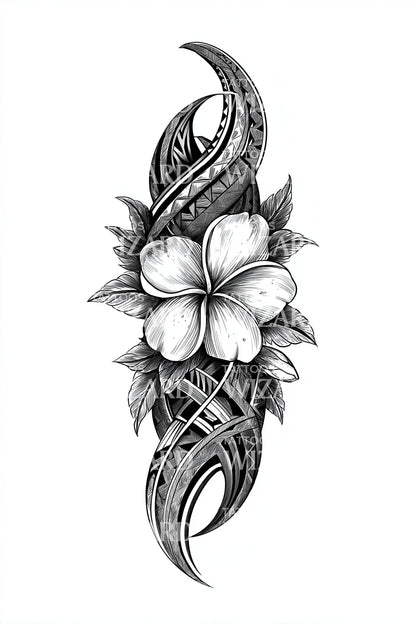 Diseño de tatuaje ovalado de plumeria polinesia