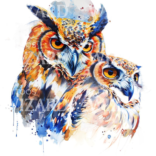 Owl Father and Son Watercolor Tattoo Idea