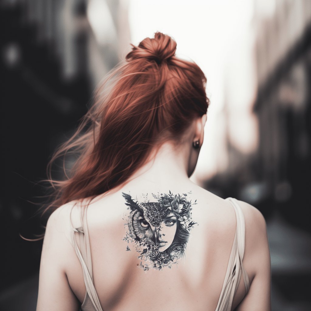 Wise Owl Woman Portrait Tattoo Design