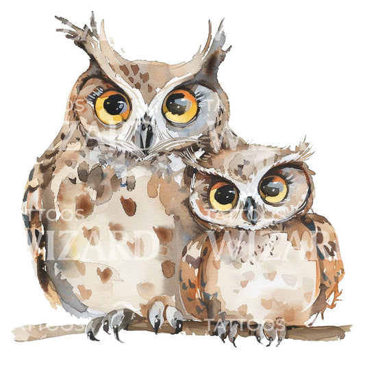 Owl Mother and Daughter Watercolor Tattoo Idea