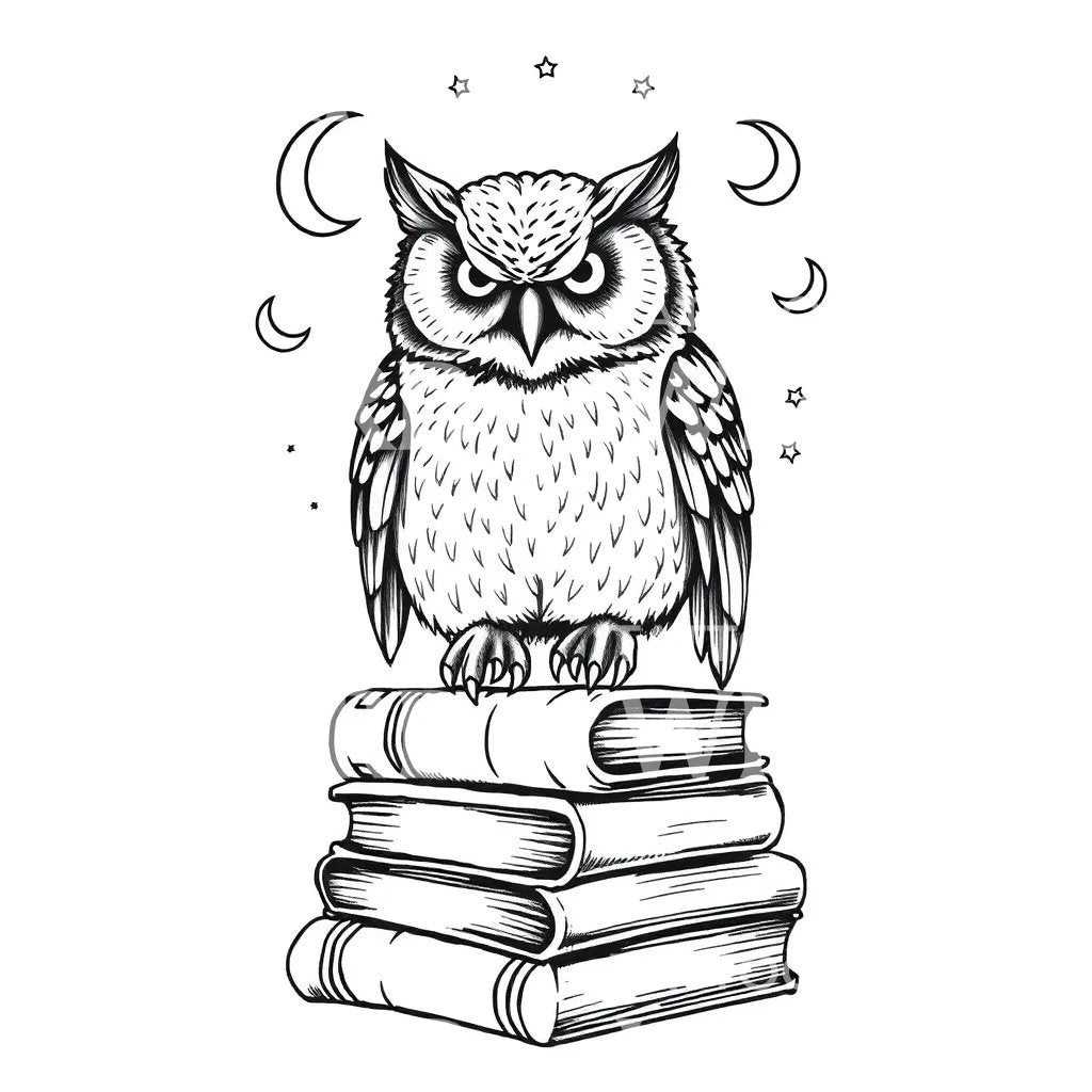 Owl on Books Tattoo Design