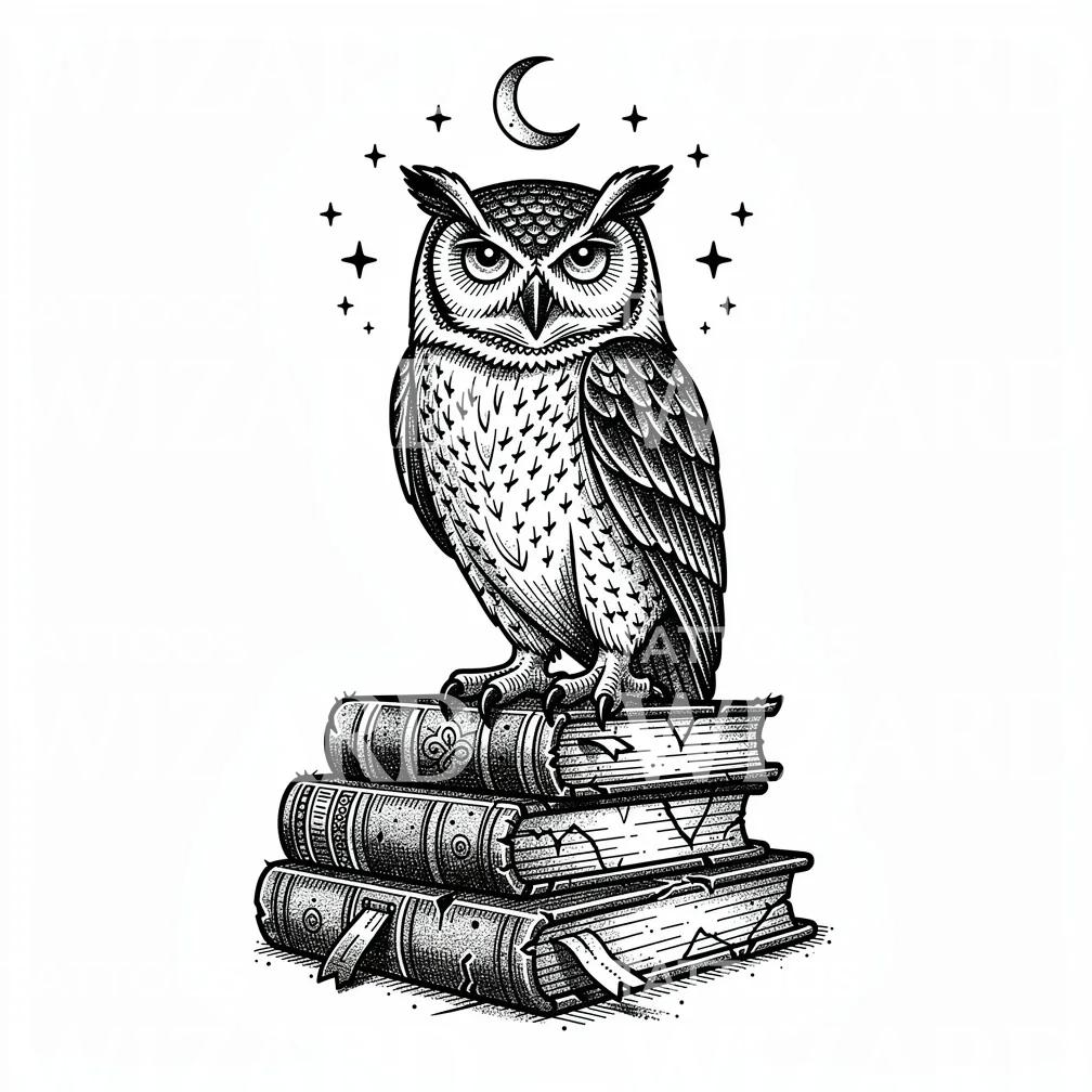 Owl on Books Tattoo Design