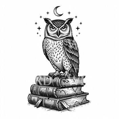 Owl on Books Tattoo Design