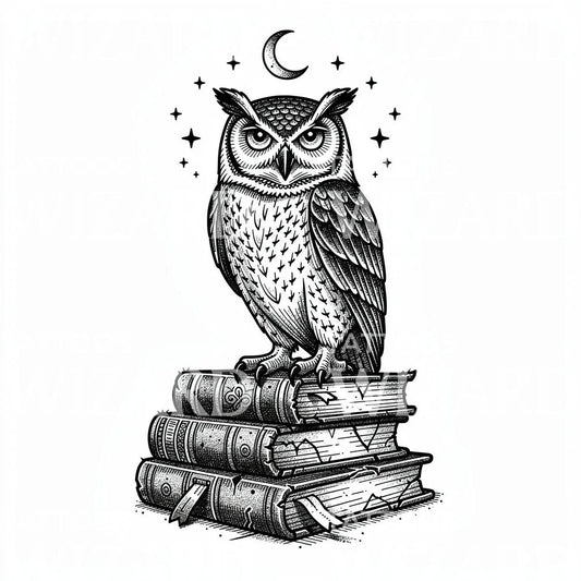 Owl on Books Tattoo Design