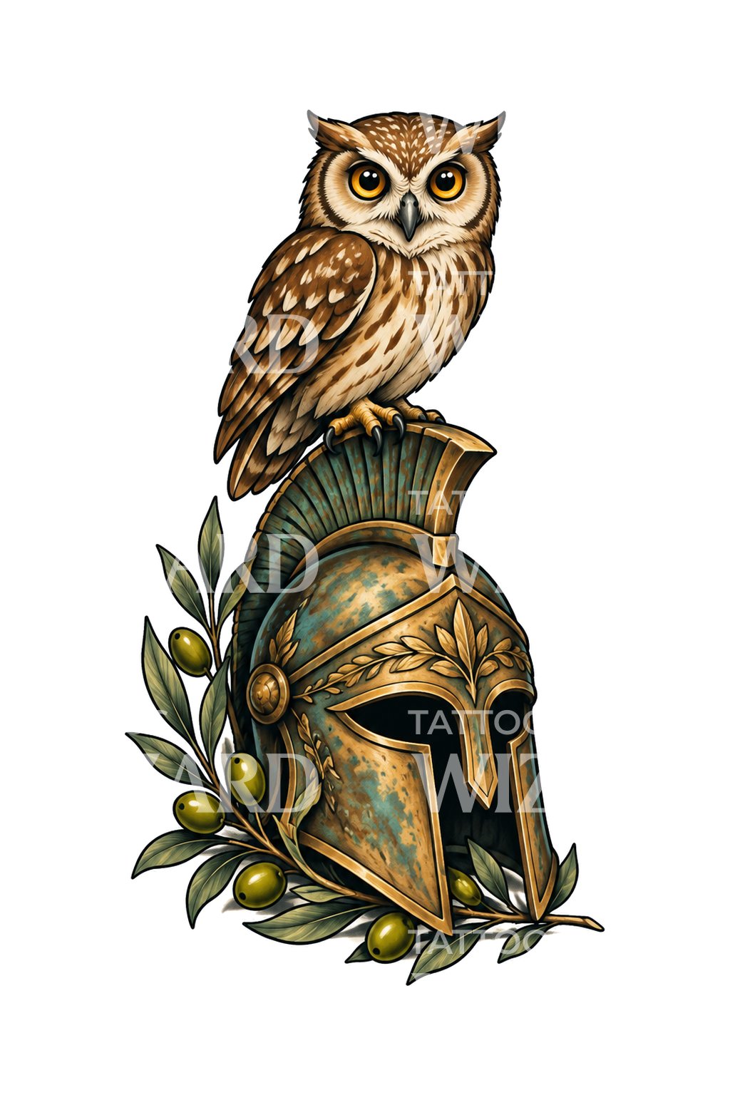 Owl on Bronze Greek Helmet Tattoo Design