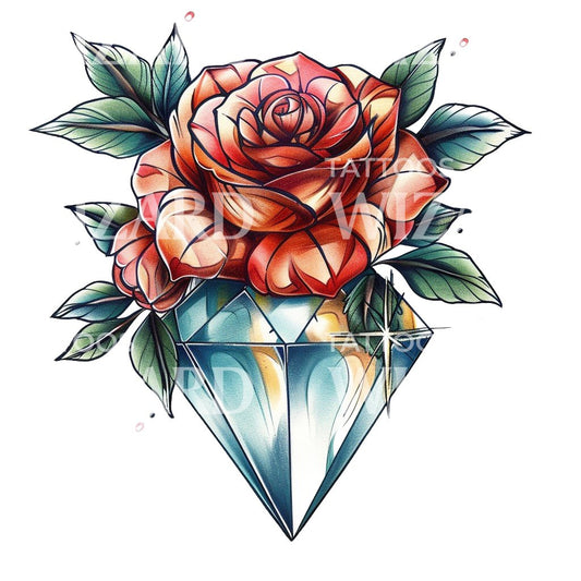 Conception de tatouage de diamant et de rose à l’ancienne