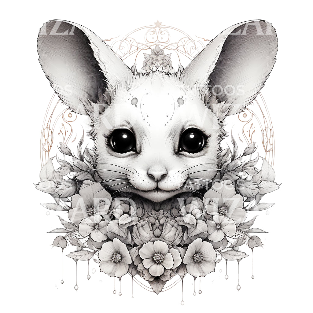 Cute Mouse with Flowers Tattoo Design