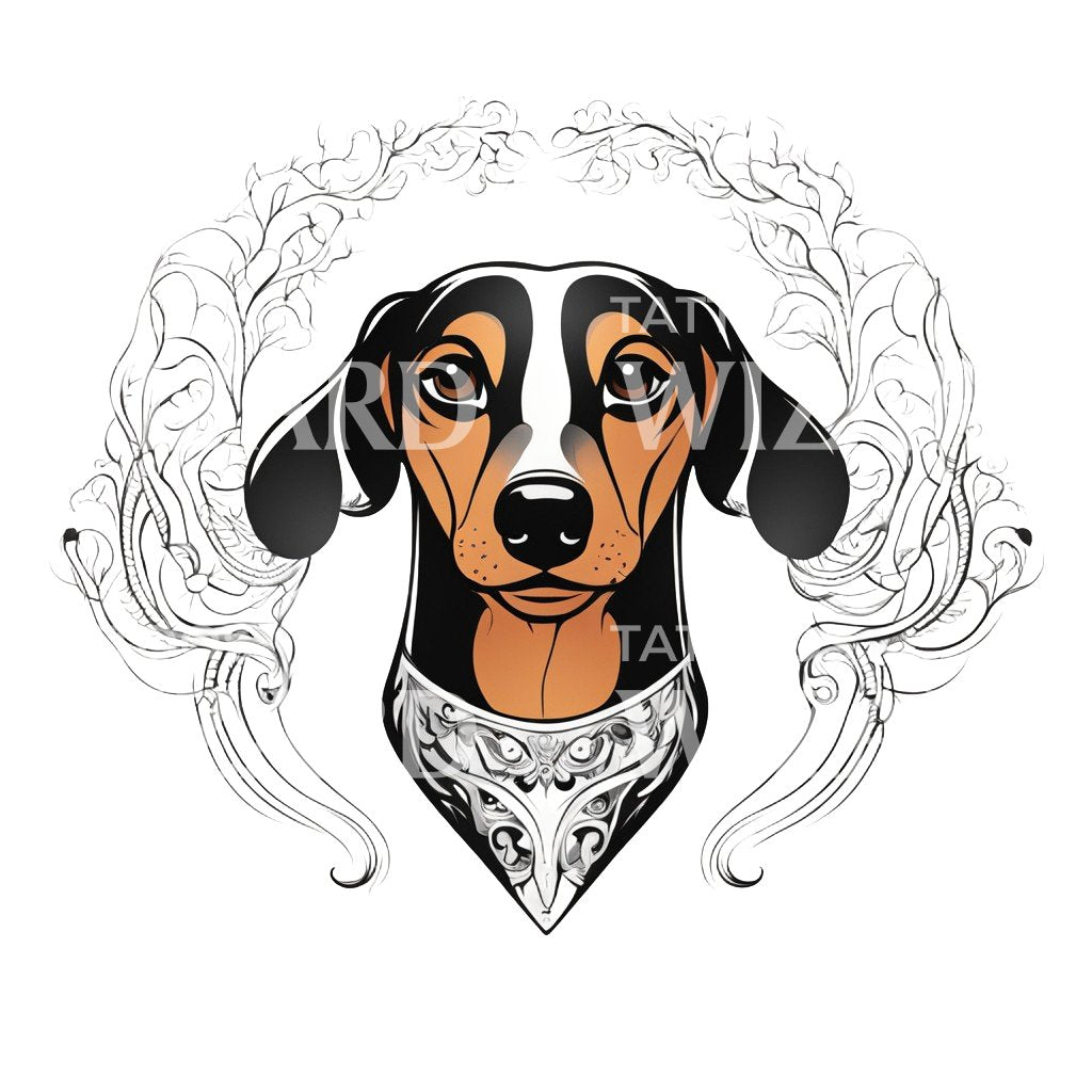 Tête de chien teckel avec motifs de conception de tatouage