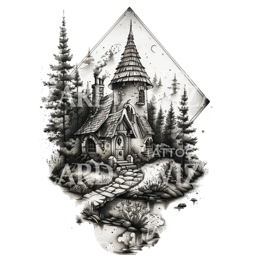 Dotwork-Tattoo-Design „Hagrids Hütte“