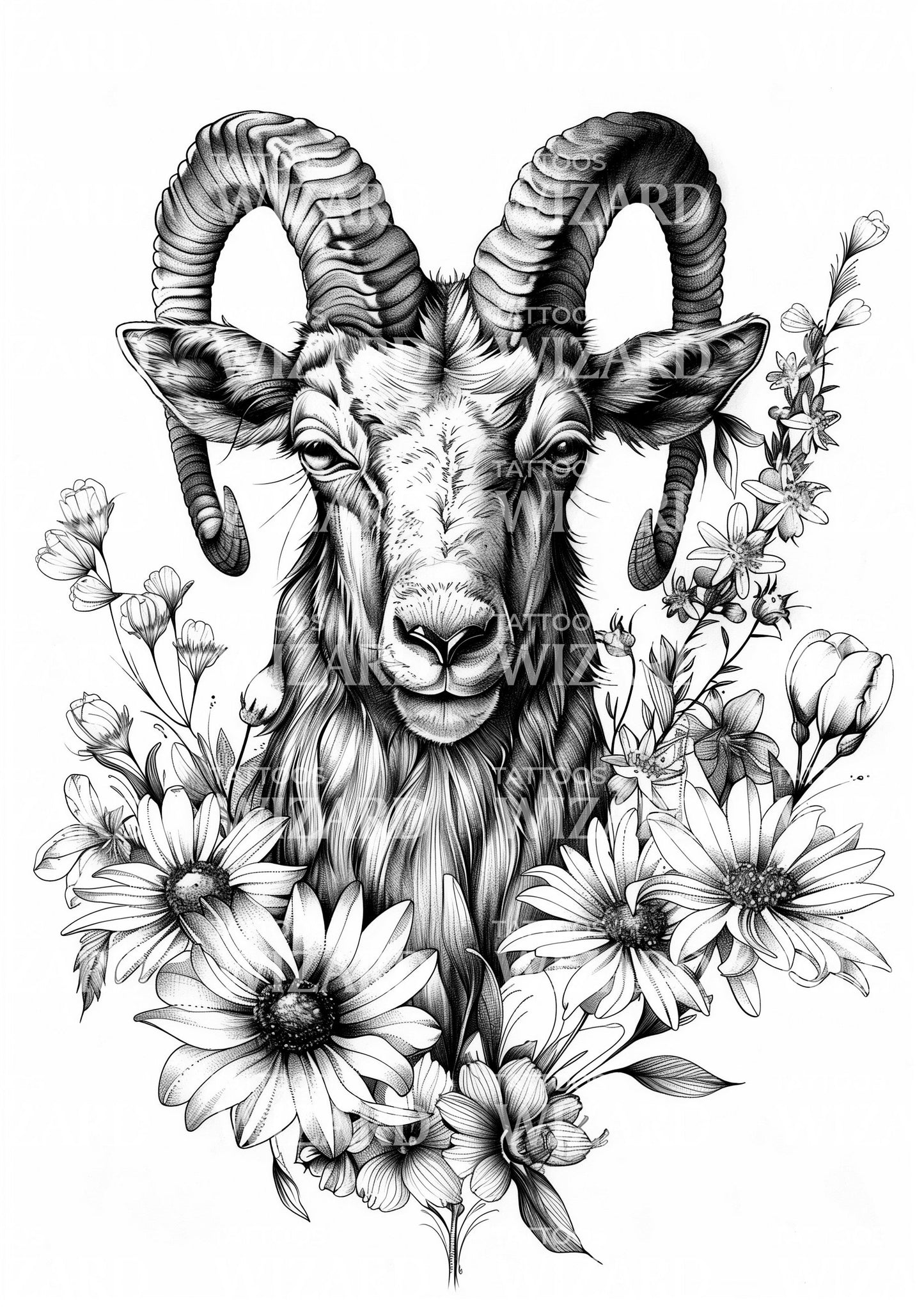 Pacific Goat with Flowers Tattoo Idea