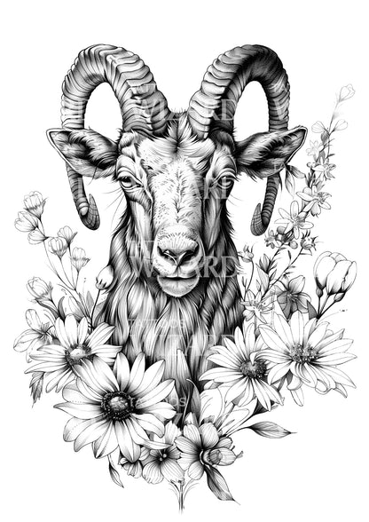 Pacific Goat with Flowers Tattoo Idea