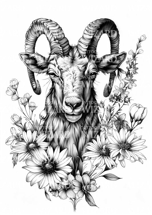 Pacific Goat with Flowers Tattoo Idea