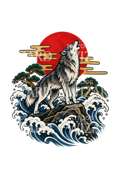 Pack Spirit Wolf Crashing Waves Tattoo Illustration