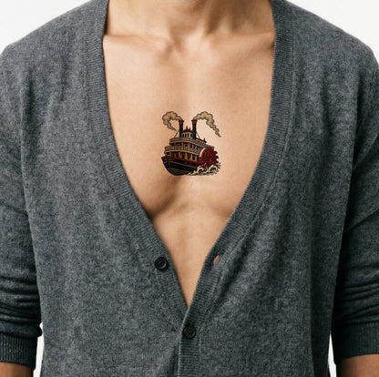 Tattoo-illustratie van een raderstoomboot op de rivier