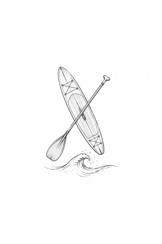 Fine-line-tattoo van gekruiste paddleboard en peddel