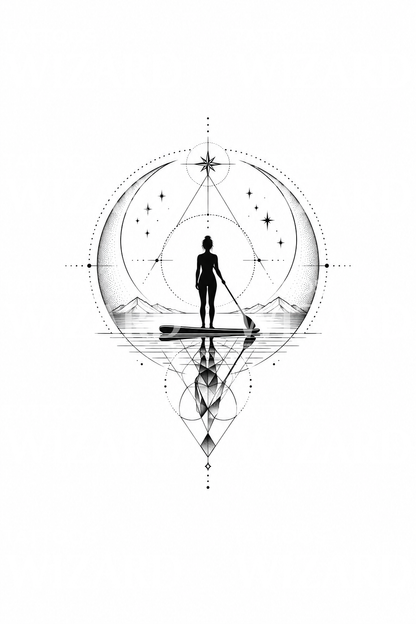 Geometrické tetování paddleboardu s půlměsícem