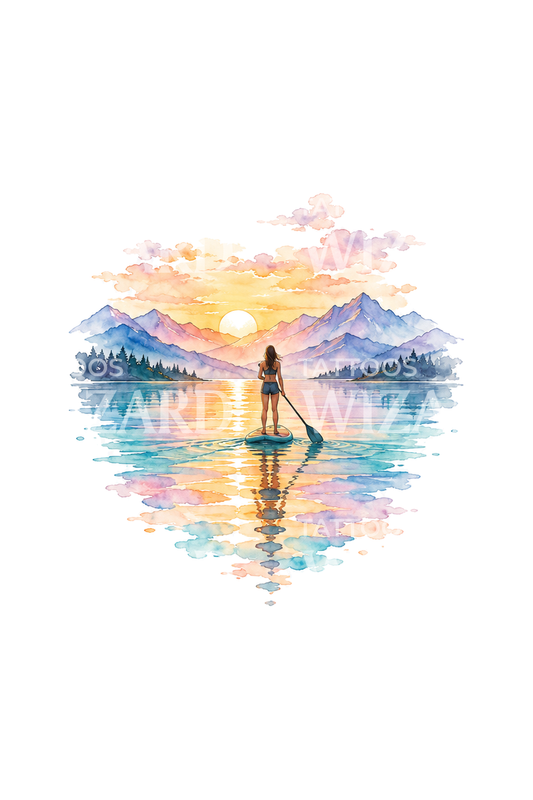 Akvarel-tatoveringsdesign med paddleboarder på sø ved solopgang