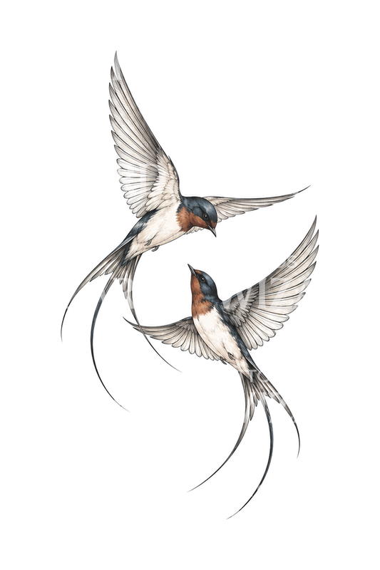 Pair of Barn Swallows in Flight Fine Line Tattoo