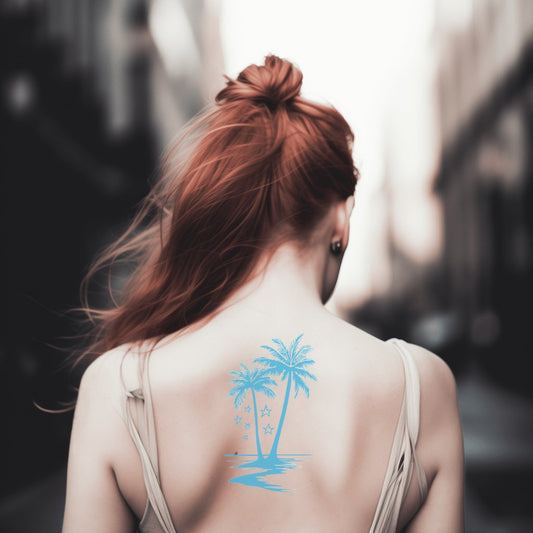 Design de tatouage lagon aux palmiers tropicaux