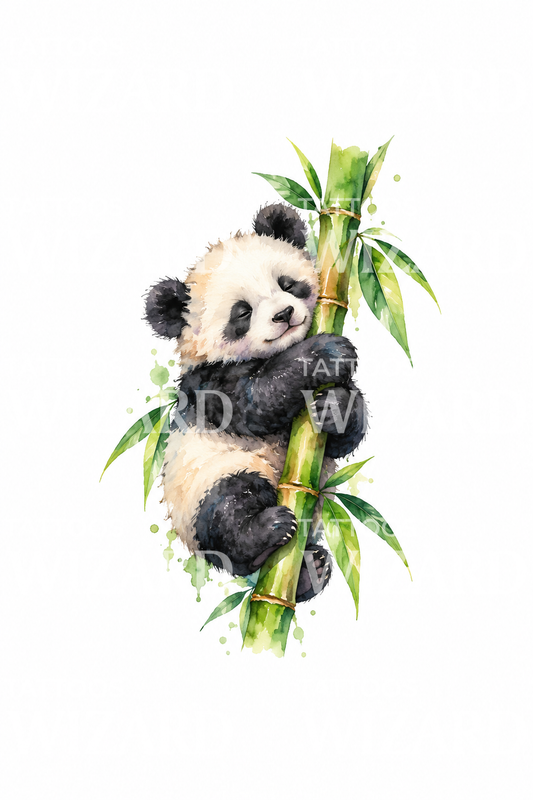 Tatoeageontwerp pandawelp die bamboe omarmt