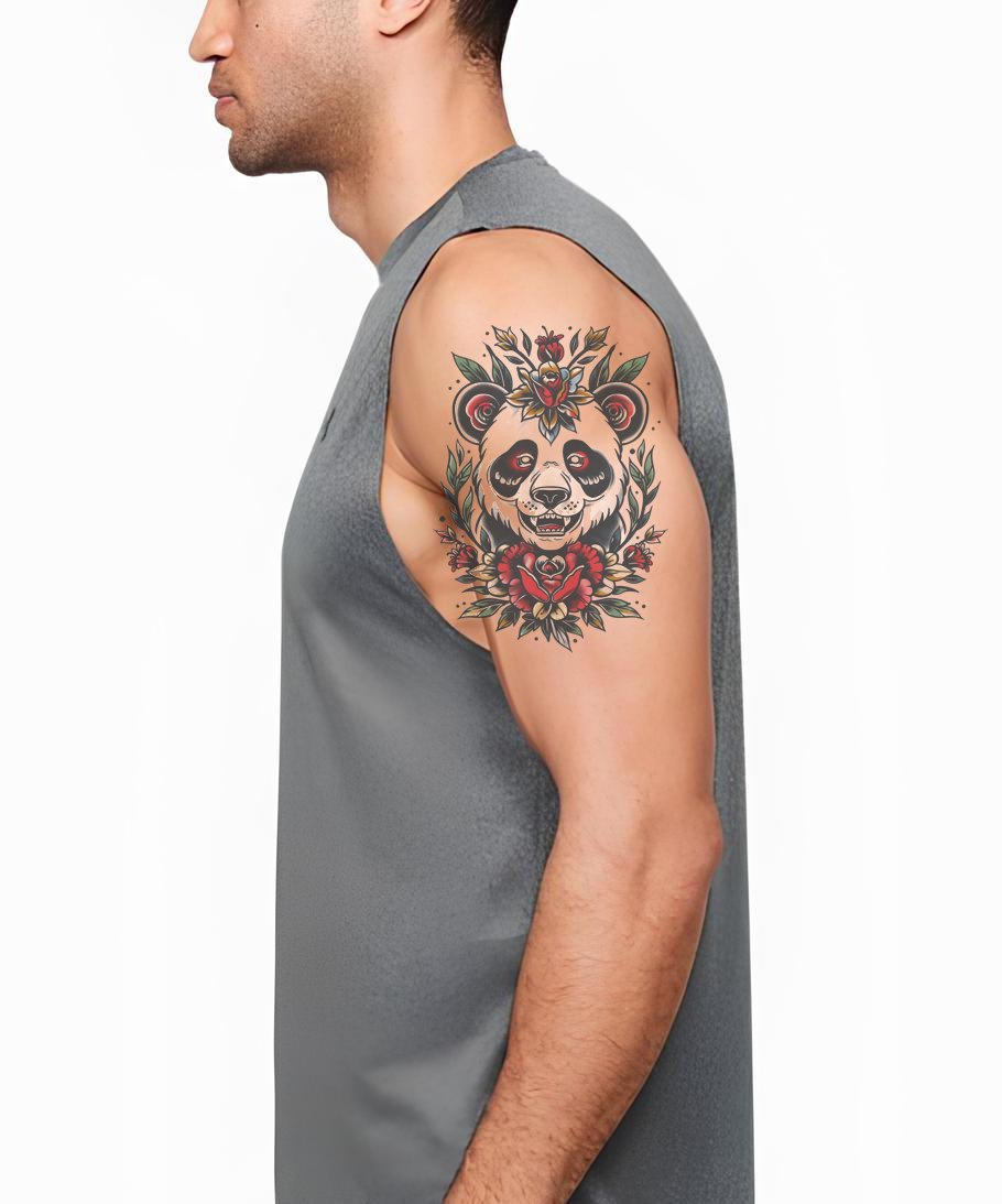 Traditional Panda With Roses Tattoo Idea