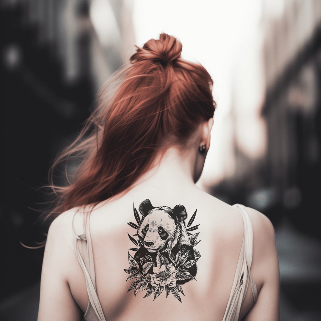 Idea de Tatuaje de Panda Negro y Gris con Flores