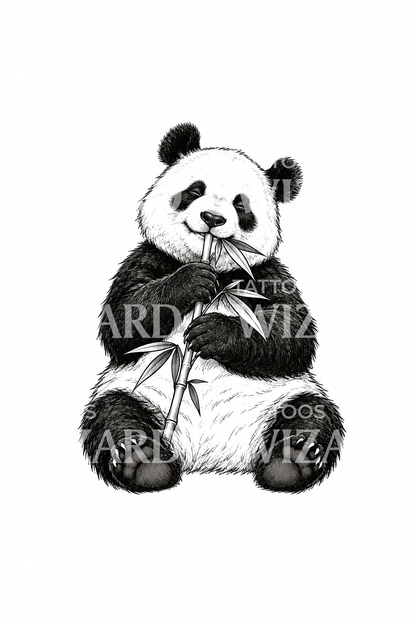 Skicovaný návrh tetování pandy chroupající bambus