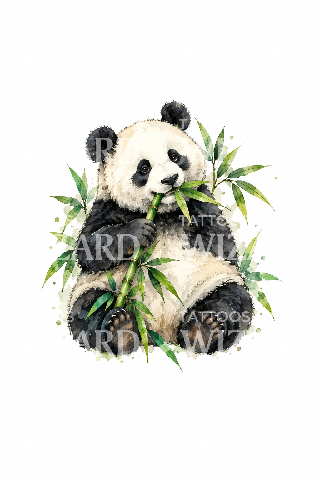 Akvarelltatuering med en panda som mumsar bambu