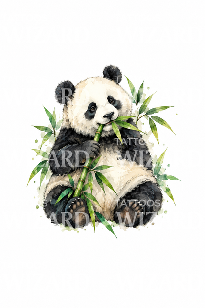Akvarelltatuering med en panda som mumsar bambu