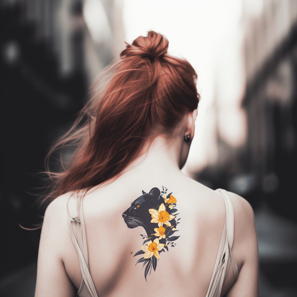 Panther Dawn Flowers Tattoo Design