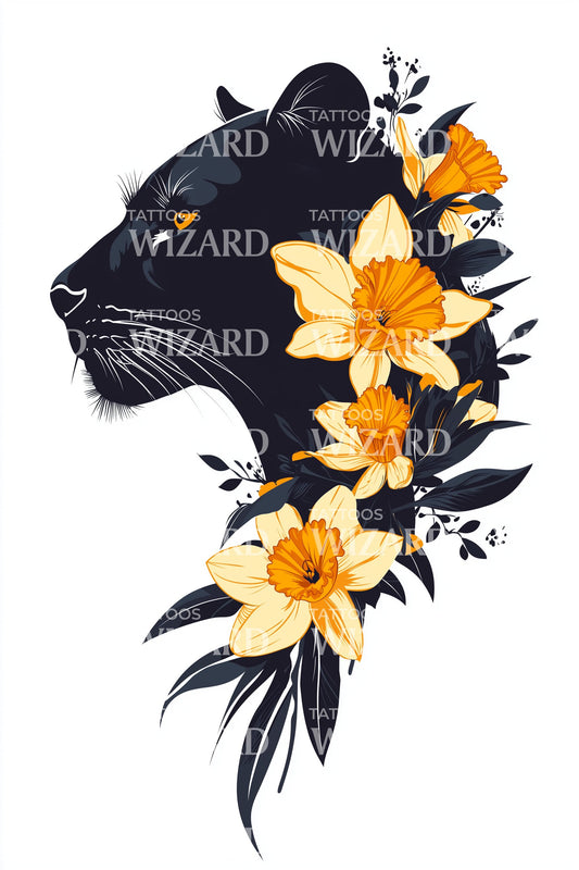 Panther Dawn Flowers Tattoo Design
