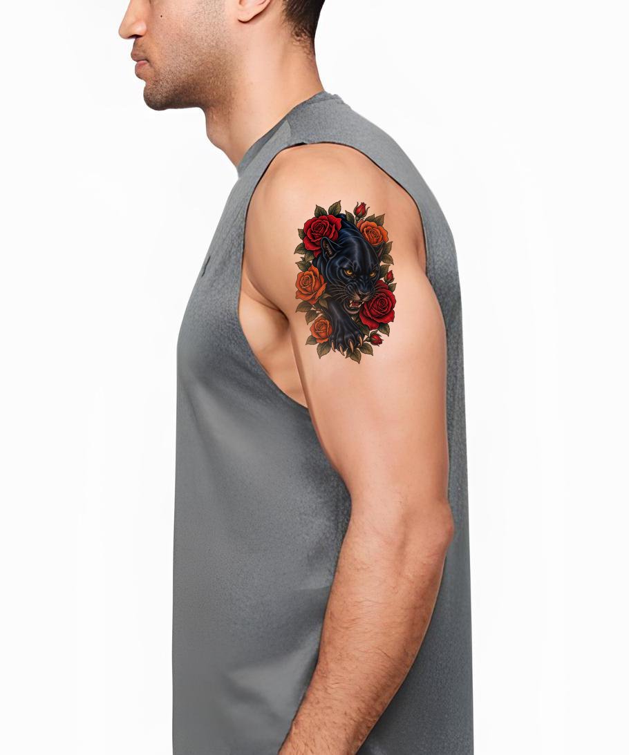 忍び寄るパンサーとバラのタトゥーデザイン – Tattoos Wizard Designs