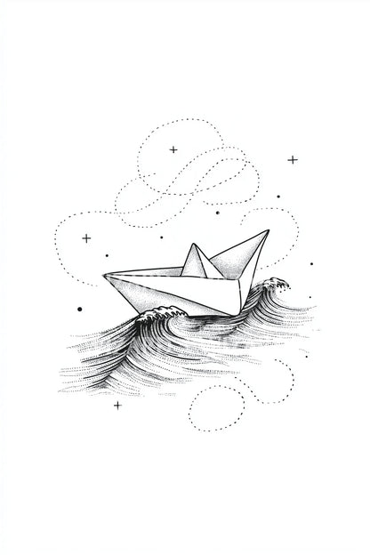 Paper Boat Journey Tattoo Illustration