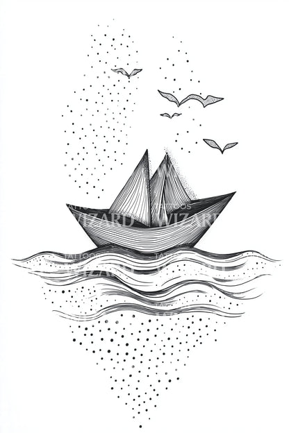 Paper Boat With Birds Tattoo Illustration
