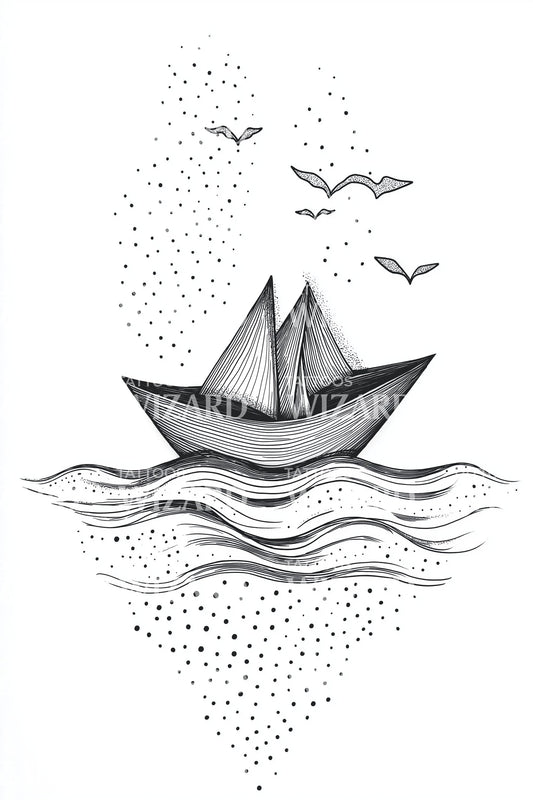 Paper Boat With Birds Tattoo Illustration
