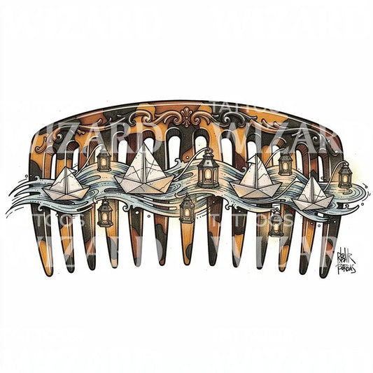 Paper Boats Lanterns Tattoo Illustration