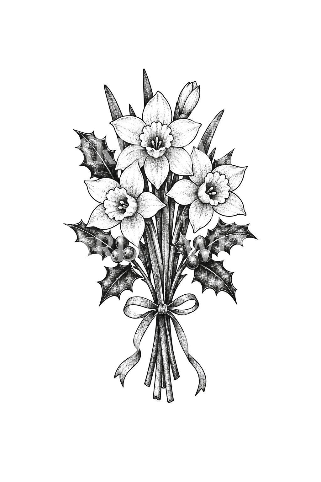 Tatuaż dotwork paperwhite i owoców ostrokrzewu