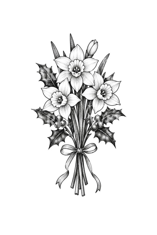 Desain Tato Dotwork Paperwhite dan Buah Holly