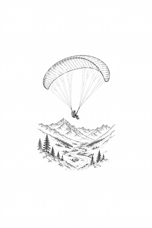 Fine line-tatovering med paraglider over alpint dal