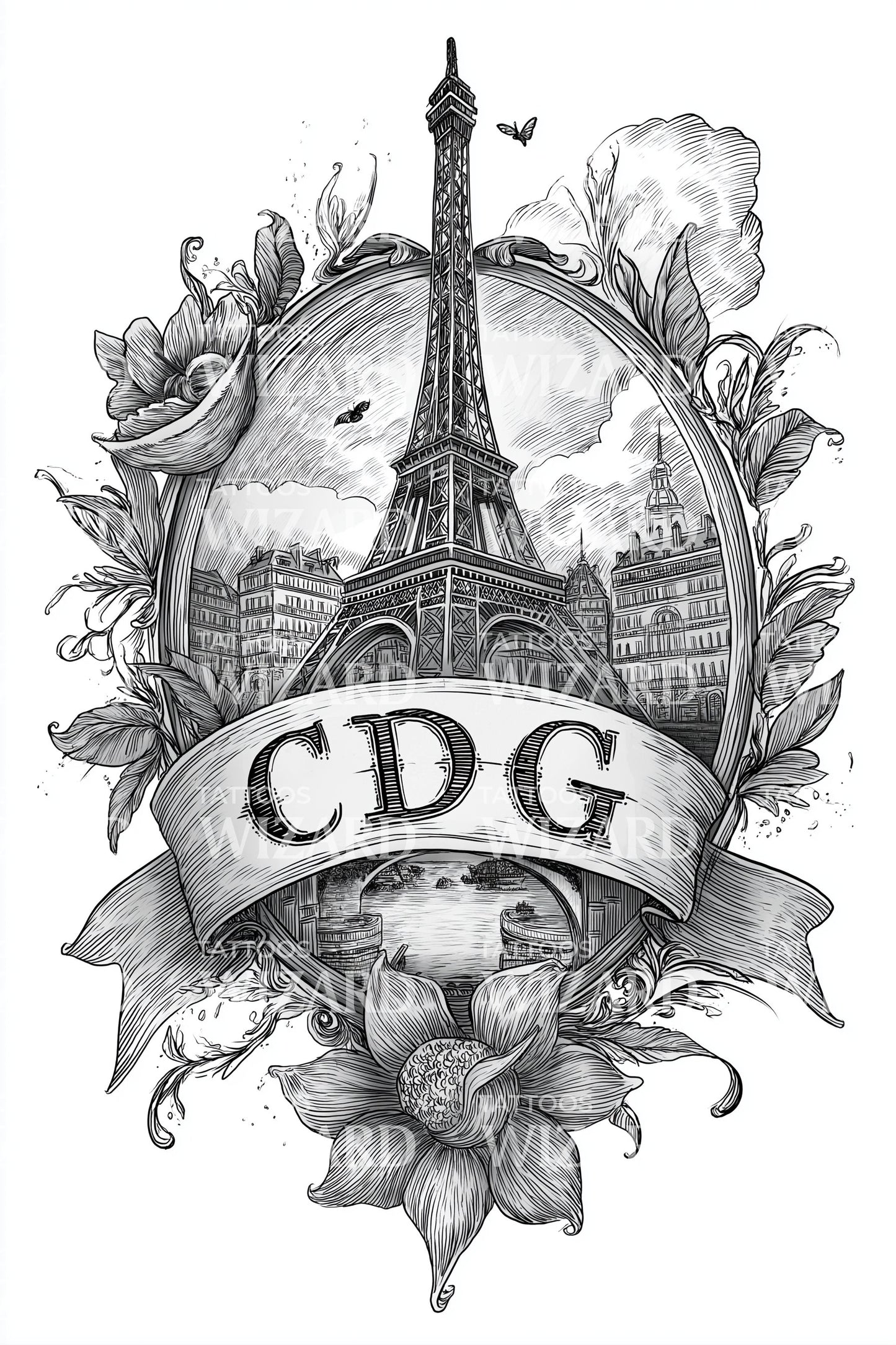 Paris Floral Eiffel Tattoo Illustration