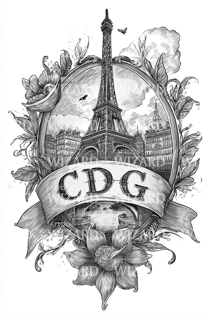 Paris Floral Eiffel Tattoo Illustration