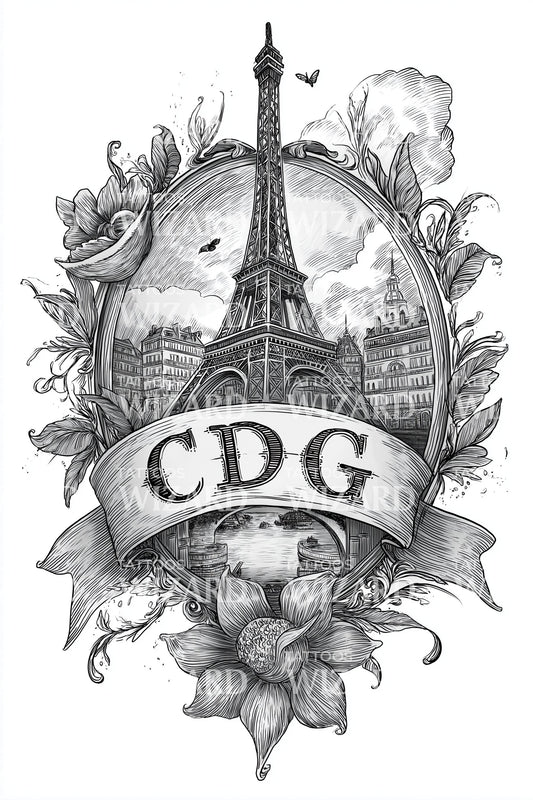 Paris Floral Eiffel Tattoo Illustration